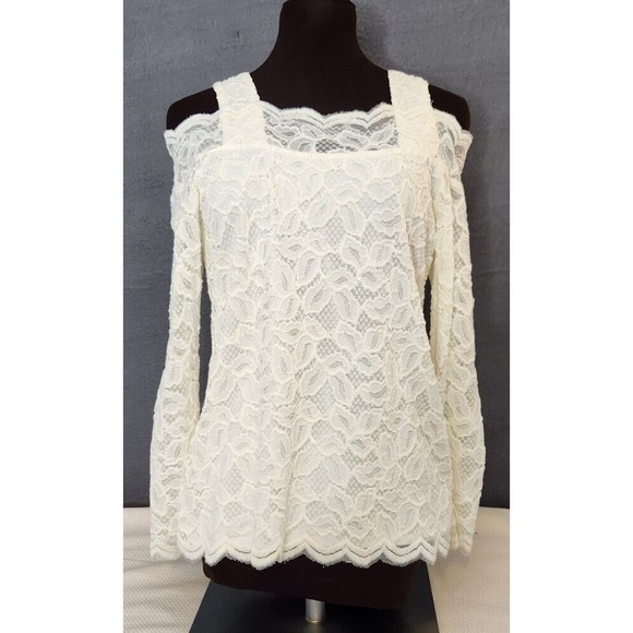 Lace Cold Shoulder Top Blouse Long Sleeve Ivory Chicos Lined‎ Bridal Sz 0 Small - Picture 1 of 10